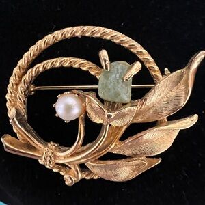 Sarah Coventry Gold-Tone Floral Brooch with Pearl and Light Green Stone